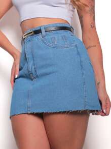 Denim Skirt With Belt, Simple Style Women's 2008 Pengmoda - 中等水洗藍 - 查看 2