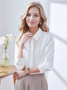 女士白色衬衫，2025 年新品，休闲优雅时尚长袖衬衫，春秋 - 白色 - 查看 3