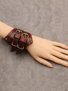 1 件男士朋克摇滚摩托车手链，不对称骑行针双扣宽皮革腕带，哥特式复古皮革手链，男士礼物 - 皮革 - 查看 7