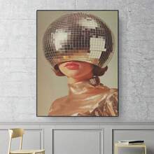 1 peça, pôster de tela de mulher com bola de discoteca vintage, arte luxuosa de bola de espelho, estética moderna e divertida, estilo nórdico, decoração de sala de casa, arte de parede, presente ideal para quarto, sala de estar, corredor, arte de parede, decoração de parede, sem moldura