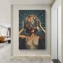 1 peça, pôster de tela de mulher com bola de discoteca vintage, arte luxuosa de bola de espelho, estética moderna e divertida, estilo nórdico, decoração de sala de casa, arte de parede, presente ideal para quarto, sala de estar, corredor, arte de parede, decoração de parede, sem moldura