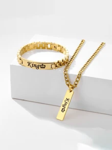 1 Set Of Personalized Engraved Name Date Bar Necklace Bracelet Stainless Steel Customized Text Suitable For Boys And Girls Necklace Bracelet Jewelry Gift Best Gift 2025 Fun Personalized Secret Gift, The Best Valentine's Day Gift, Multi-Functional, Ornamental, Letter, Engraved, Tidy, Colorful, Cute, Kawaii, Adorable, Casual, Custom, Personalized, Unique, Customized, Baby Gifts, Ideal Gifts For Him, Ideal Gifts For Her, Son, Daughter - Silver - View 2