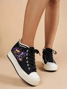 女士厚底系带万圣节图案运动鞋，学生休闲低帮帆布便鞋，舒适时尚隐形坡跟运动鞋 - 黑色 - 查看 2