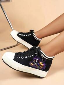女士厚底系带万圣节图案运动鞋，学生休闲低帮帆布便鞋，舒适时尚隐形坡跟运动鞋 - 黑色 - 查看 1