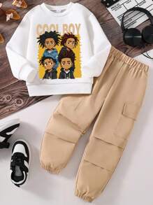 幼儿字母印花保暖圆领运动衫和工装裤套装 - 卡其色 - 查看 1