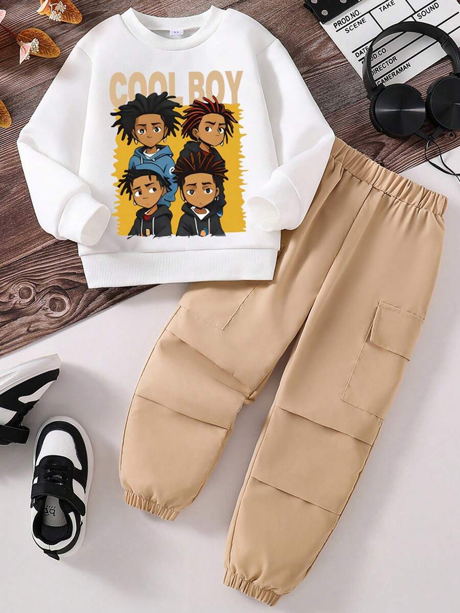 幼儿字母印花保暖圆领运动衫和工装裤套装 - 卡其色 - 查看 1