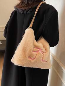 Large Capacity Fuzzy Tote Bag, Fashion Women Underarm Handbag, Bow Decor Shoulder Dual Strap Multipurpose Bag - Khaki - View 7