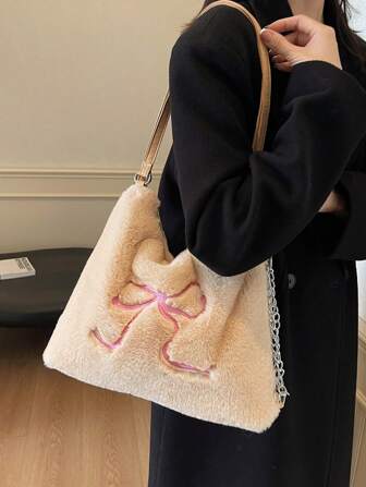Large Capacity Fuzzy Tote Bag, Fashion Women Underarm Handbag, Bow Decor Shoulder Dual Strap Multipurpose Bag