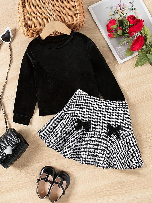 Set de 2 piezas, falda de estampado de pata de gallo y top de terciopelo, conjunto de ropa para niña