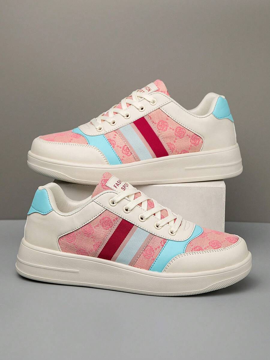 男士拼色条纹系带滑板鞋，百搭字母情侣款户外休闲运动鞋