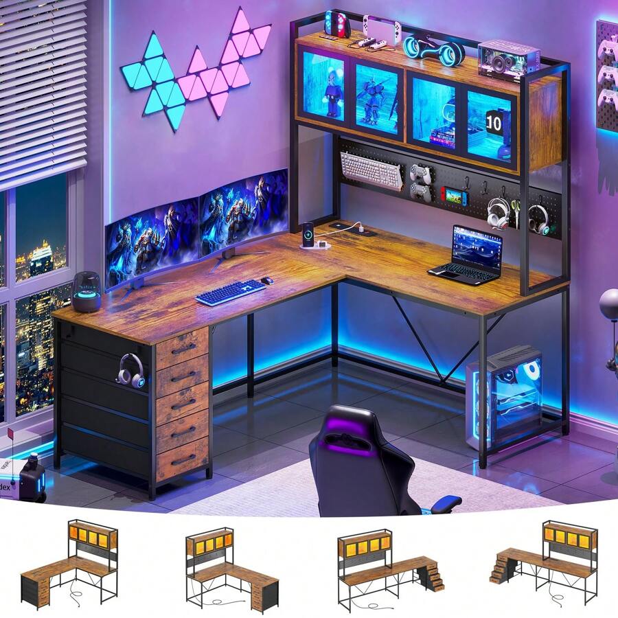 L Shaped Computer Desk With Hutch And Storage Shelves, Home Office Desk