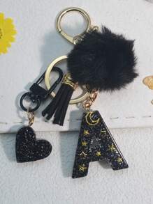 1 件树脂星空环氧字母钥匙扣，带流苏和黑色毛球装饰，送给朋友和母亲的礼物，汽车配件包饰，书包挂绳，带身份证夹，汽车配件包饰 - 黑色 - 查看 31
