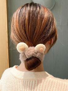 2 件装可爱毛茸茸的熊和兔耳朵发圈，蓬松马尾辫发饰 - 彩色 - 查看 2