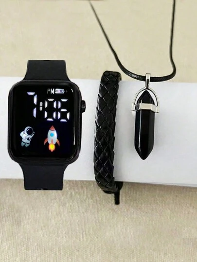 Set de 3 piezas para niños: Reloj deportivo digital con diseño de astronauta y cohete, pulsera y collar de joyería, como regalo