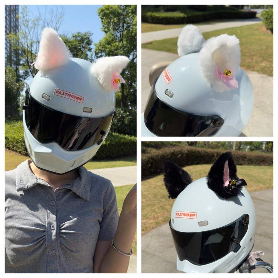2 piezas de decoración de casco de orejas de gato con campana dorada, orejas de casco de felpa, cuernos de casco para accesorios de casco de esquí y motocicleta - Multicolor - View 1
