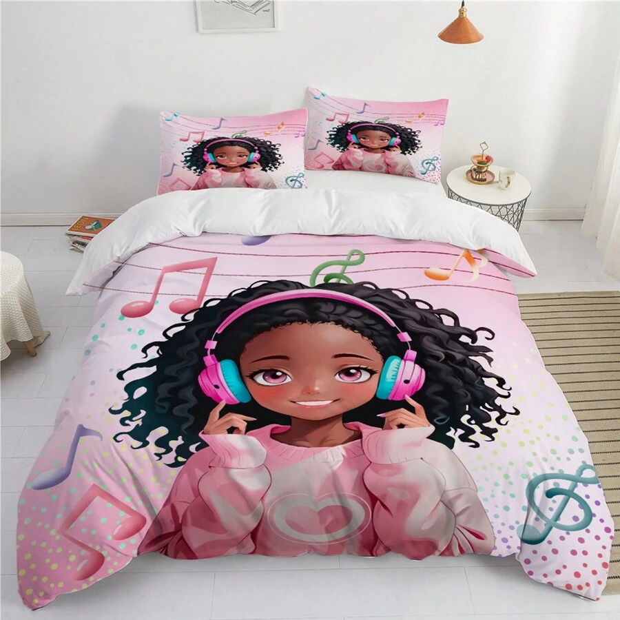 3 件套活力音乐女孩羽绒被套（1 * 羽绒被套 + 2 * 枕套，不含芯），柔软亲肤，舒缓视觉疲劳，舒适、柔软透气，四季皆宜，别致、耐用、易于护理，非常适合卧室和宿舍装饰，提升房间美感，送给家人的新年礼物 - 彩色 - 查看 1