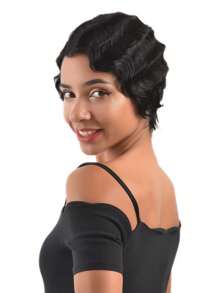 短卷发人发手指波浪假发 4 英寸精灵短发优雅女士假发短妈妈水波假发适合角色扮演音乐节日常度假使用 - 黑色 - 查看 4