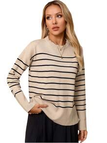 Casual Contrasting Striped Design Round Neck Side Slit Knit Sweater, For Autumn - Khaki - View 4