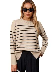 Casual Contrasting Striped Design Round Neck Side Slit Knit Sweater, For Autumn - Khaki - View 3