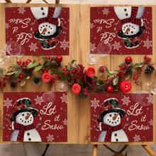 4 pièces/1 pièce Sets de table en lin imprimé de bonhomme de neige, flocons de neige, lettres pour Noël. Tapis de table décoratifs pour fête de Noël
