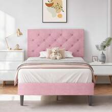 Upholstered Bed Frame With Headboard, Linen Fabric Bed Frame With Button Tufted Headboard, No Box Spring Needed, Easy Assembly, Twin/ Full/ Queen/ King, Beige/ Pink/ Dark Grey/ Grey/ Blue/ Cream/ Black - 粉色 - 查看 1