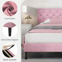 Upholstered Bed Frame With Headboard, Linen Fabric Bed Frame With Button Tufted Headboard, No Box Spring Needed, Easy Assembly, Twin/ Full/ Queen/ King, Beige/ Pink/ Dark Grey/ Grey/ Blue/ Cream/ Black - 粉色 - 查看 4