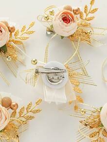 Bộ 6 chiếc hoa hồng xinh đẹp với lá vàng và trâm cài hạt vàng nhỏ, thích hợp cho đám cưới, tiệc tùng, dạ tiệc, kỷ niệm - A - Xem 7
