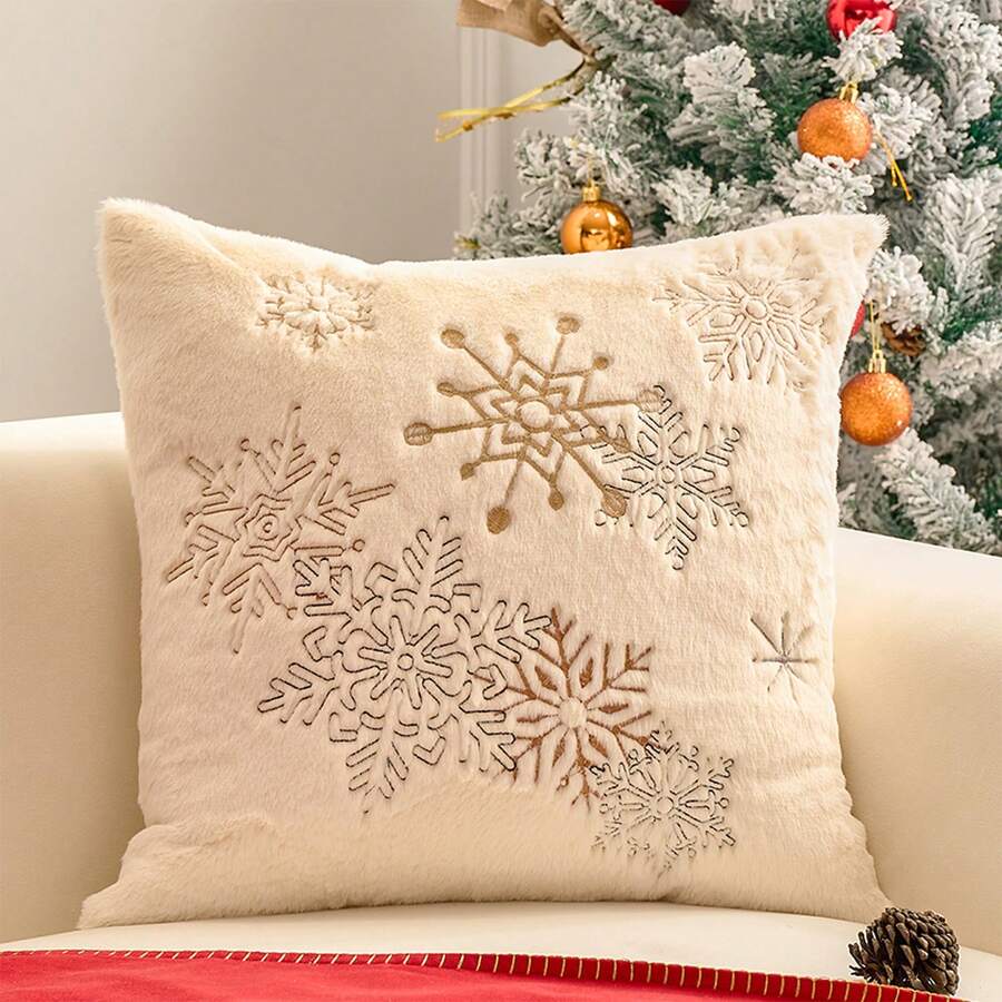 1 buah Sarung Bantal Motif Rusa & Kepingan Salju Natal, Sarung Bantal Dekoratif, Lembut & Nyaman, Bordir - Putih Krem - View 1