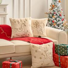 1 buah Sarung Bantal Motif Rusa & Kepingan Salju Natal, Sarung Bantal Dekoratif, Lembut & Nyaman, Bordir - Putih Krem - View 3