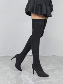 Fall/Winter Style With Pants , Halloween New Style Socks Boots Women Pointed Toe High Heel Shoes Black Elastic Stockings Over The Knee Knitted Boots, Sexy - Black - View 3