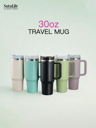 1pc 30oz Reusable Vacuum Insulated Water Bottle With Handle, Leak-Proof Lid & Straw, Keeps Drinks Hot/Cold For Long Time, Great For Back To School