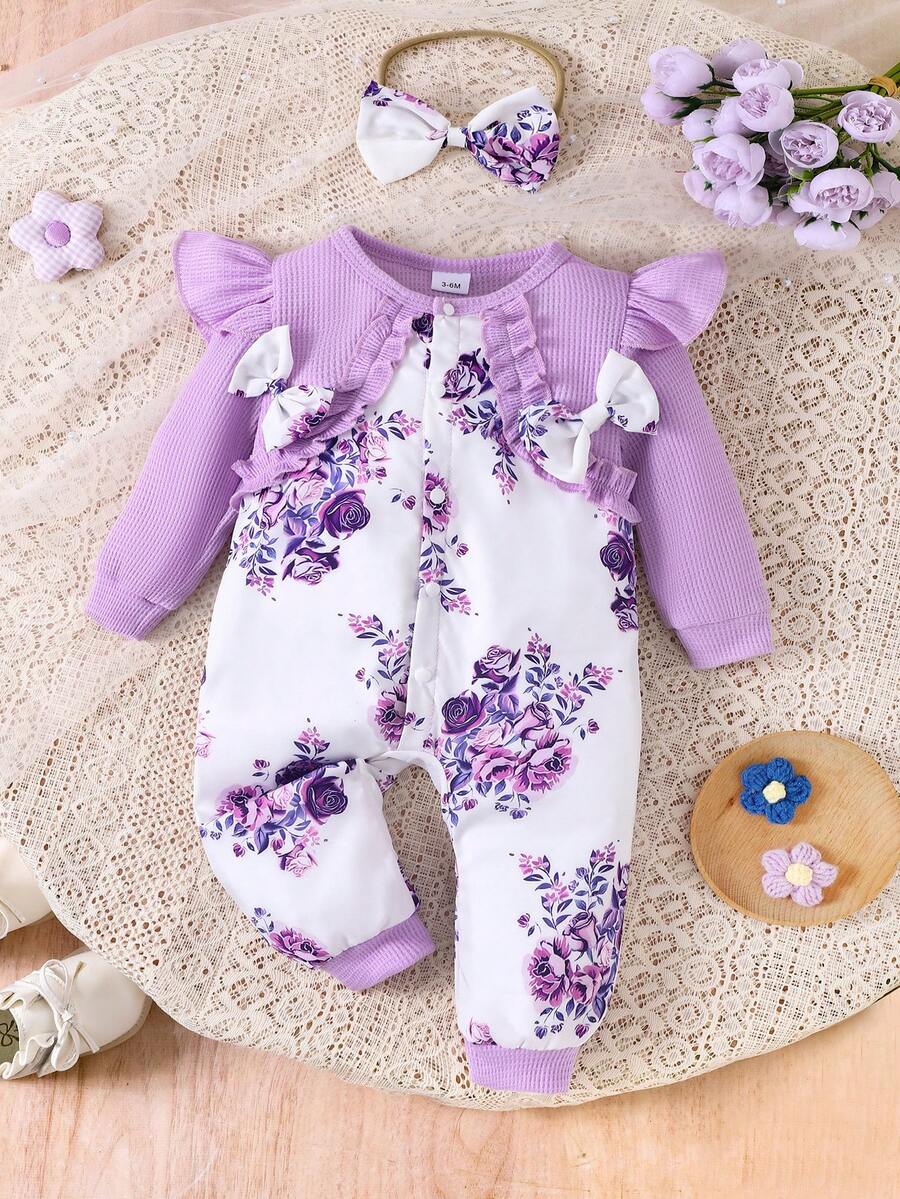 1pc Baby Girls' Cute & Comfortable Long Sleeve Patchwork Jumpsuit, Autumn/Winter - Purple - View 1