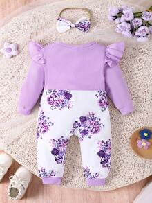 1pc Baby Girls' Cute & Comfortable Long Sleeve Patchwork Jumpsuit, Autumn/Winter - Purple - View 2