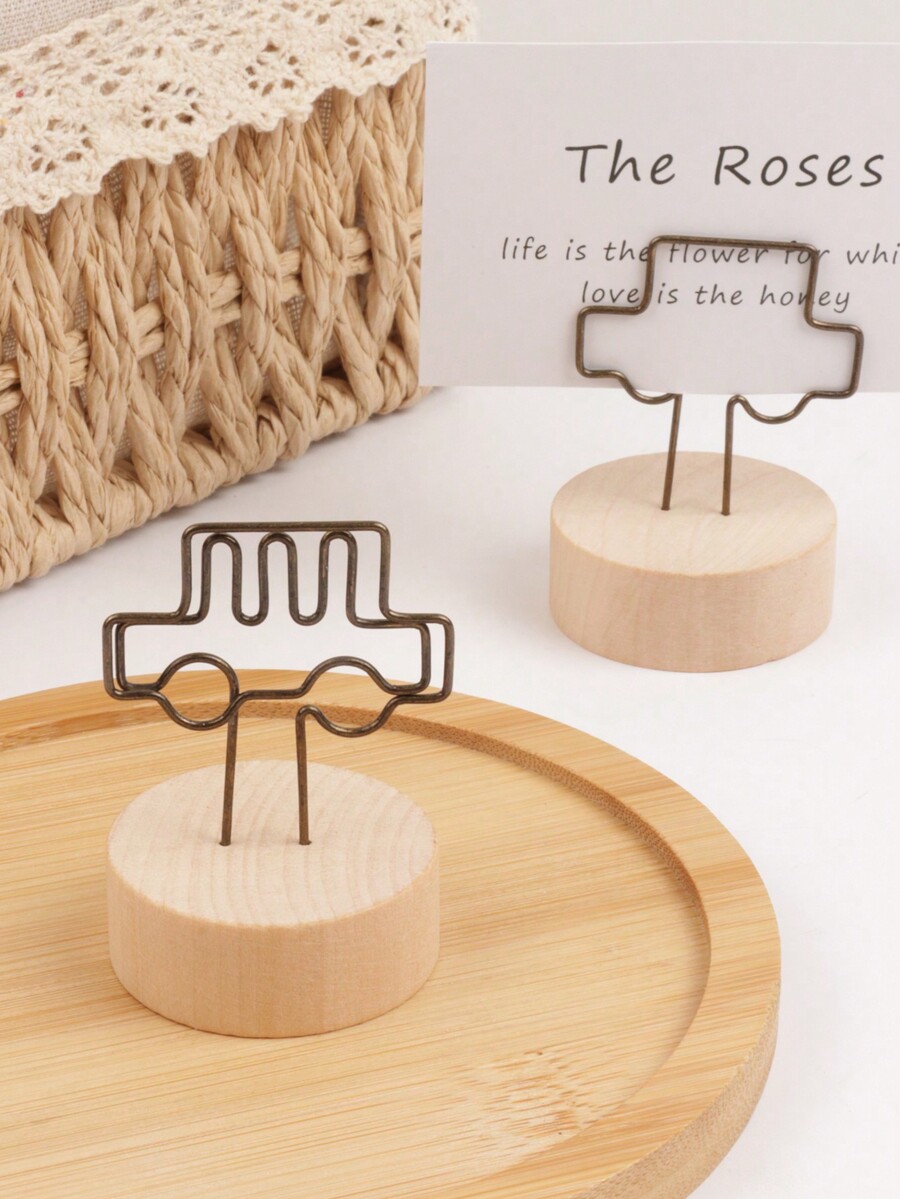 1pc Vintage Wooden Memo Holder Photo Card Name Card Clip Stand, Simple