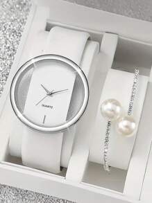 2 件套镂空表盘石英腕表和手链套装，时尚简约设计，适合女性 - 白色 - 查看 1