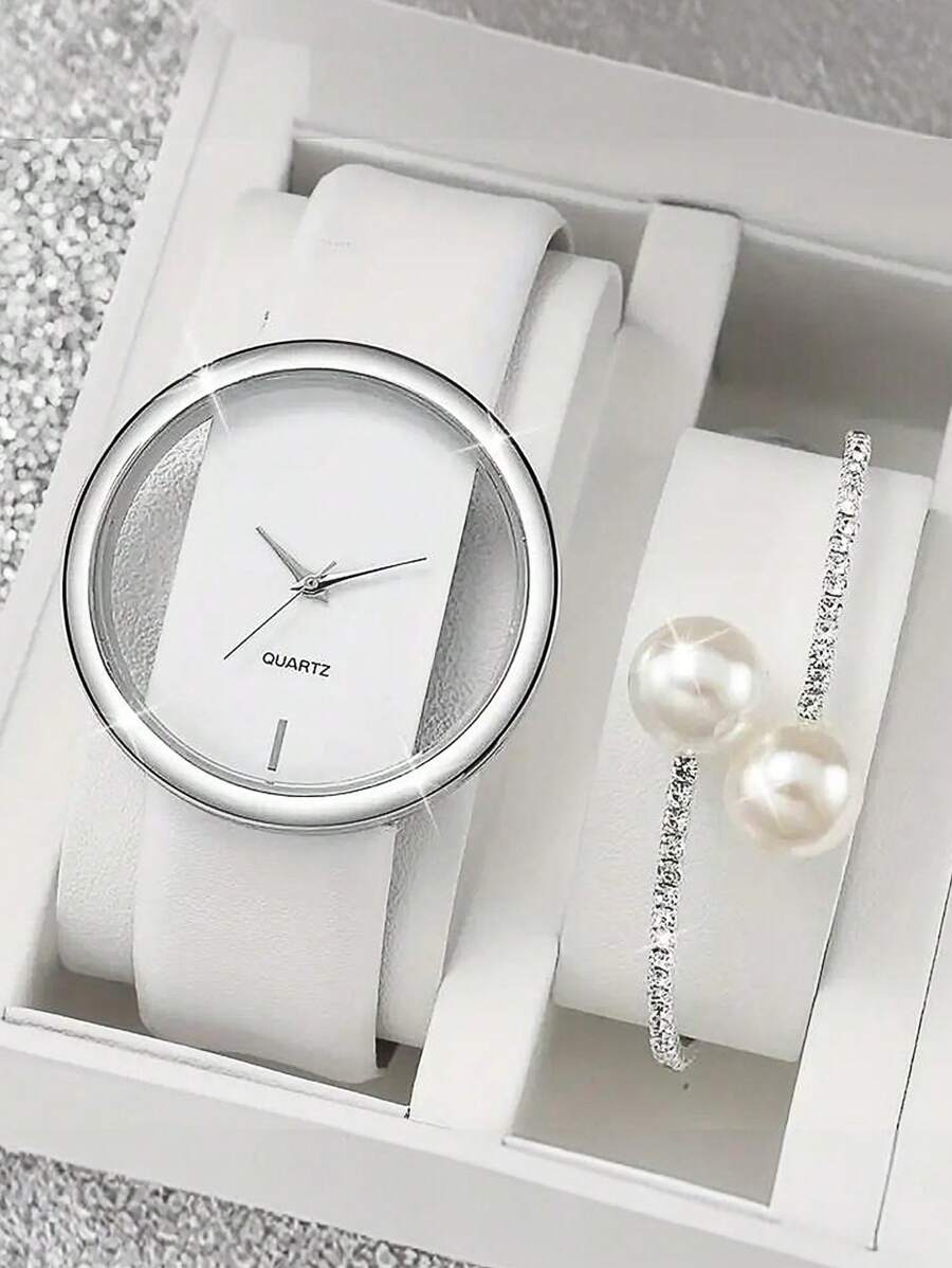 2 件套镂空表盘石英腕表和手链套装，时尚简约设计，适合女性 - 白色 - 查看 1