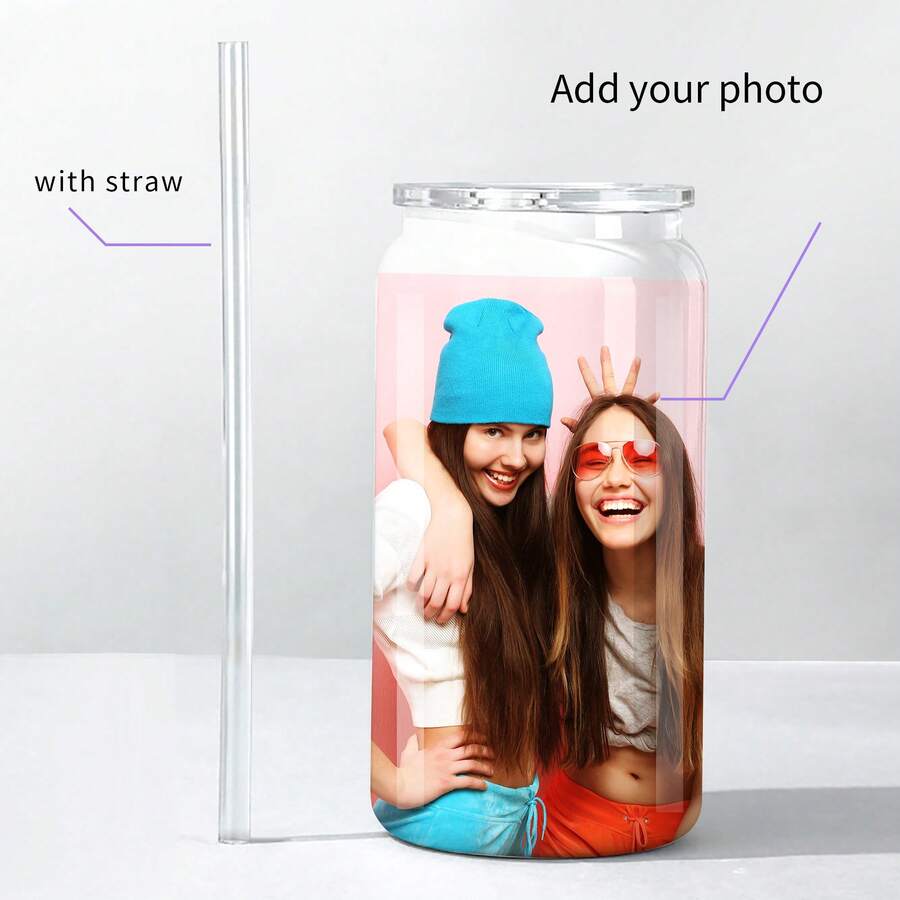Personalized Picture Simple Water Cup With Straw And Lid, 16 Oz