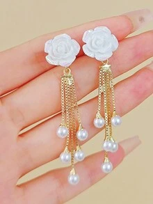 1 对时尚彩色花朵配长珍珠流苏耳钉，适合女士 - 彩色 - 查看 2