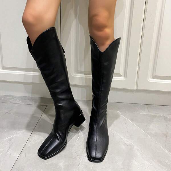 Nuovi stivali alti da donna per il 2024, con punta quadrata elastica, tacco grosso, taglio a V, chiusura lampo e slim fit sopra il ginocchio, stile equestre, da indossare con corsetti