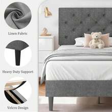 HOMBCK Estructura de cama tapizada con cabecero, estructura de cama de tela de lino con cabecero capitoné, sin somier, fácil montaje, tamaño individual/matrimonial/queen/king, beige/rosa/gris oscuro/gris/azul