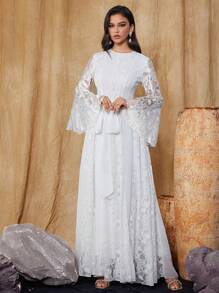 Váy cưới ren sang trọng cho nữ tay chuông phong cách Bohemian đám cưới ngoài trời trang trọng thanh lịch, váy cưới màu trắng - trắng - Xem 6