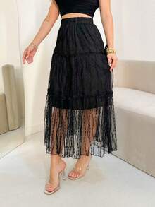 Elegant Stretch Tulle Midi Skirt With Ruffles/A832 - màu đen - Xem 3