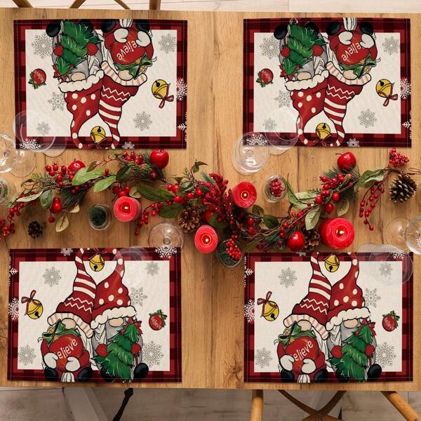 4 pièces/1 pièce Sets de table en lin à carreaux avec nain de Noël et flocon de neige, décoration de table pour fête de Noël
