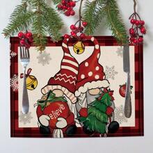4 pièces/1 pièce Sets de table en lin à carreaux avec nain de Noël et flocon de neige, décoration de table pour fête de Noël