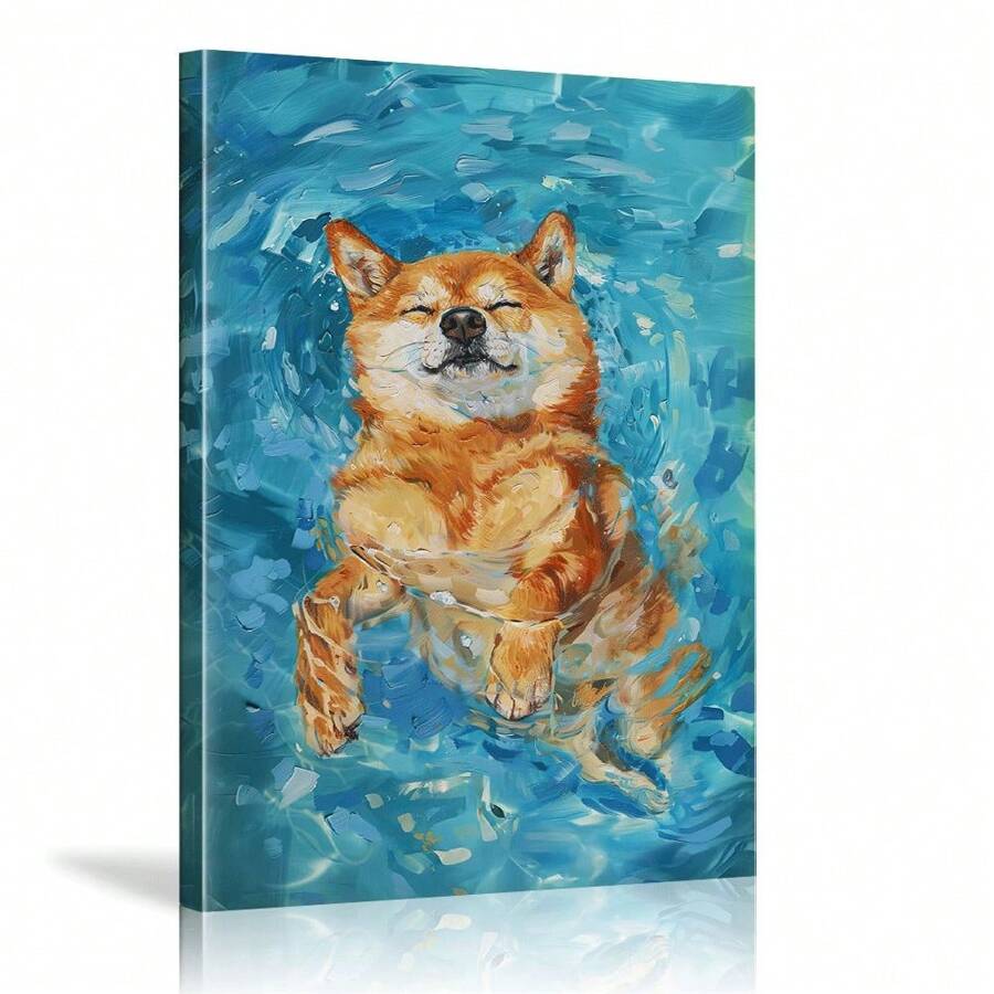 1pcs Framed Swimming Pool Floating Shiba Inu Poster, Funny Shiba Inu Print, Cute Pet Wall Art Canvas Painting, Dog Lovers, Vintage Oil Painting, Suitable For Living Room Bathroom Bedroom Entryway Pet Shop Kids Room Home Office Wall Decoration Ready To Hang - Multicolor - View 1