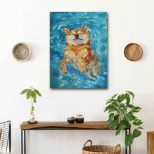 1pcs Framed Swimming Pool Floating Shiba Inu Poster, Funny Shiba Inu Print, Cute Pet Wall Art Canvas Painting, Dog Lovers, Vintage Oil Painting, Suitable For Living Room Bathroom Bedroom Entryway Pet Shop Kids Room Home Office Wall Decoration Ready To Hang - Multicolor - View 3