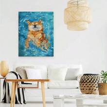 1pcs Framed Swimming Pool Floating Shiba Inu Poster, Funny Shiba Inu Print, Cute Pet Wall Art Canvas Painting, Dog Lovers, Vintage Oil Painting, Suitable For Living Room Bathroom Bedroom Entryway Pet Shop Kids Room Home Office Wall Decoration Ready To Hang - Multicolor - View 2