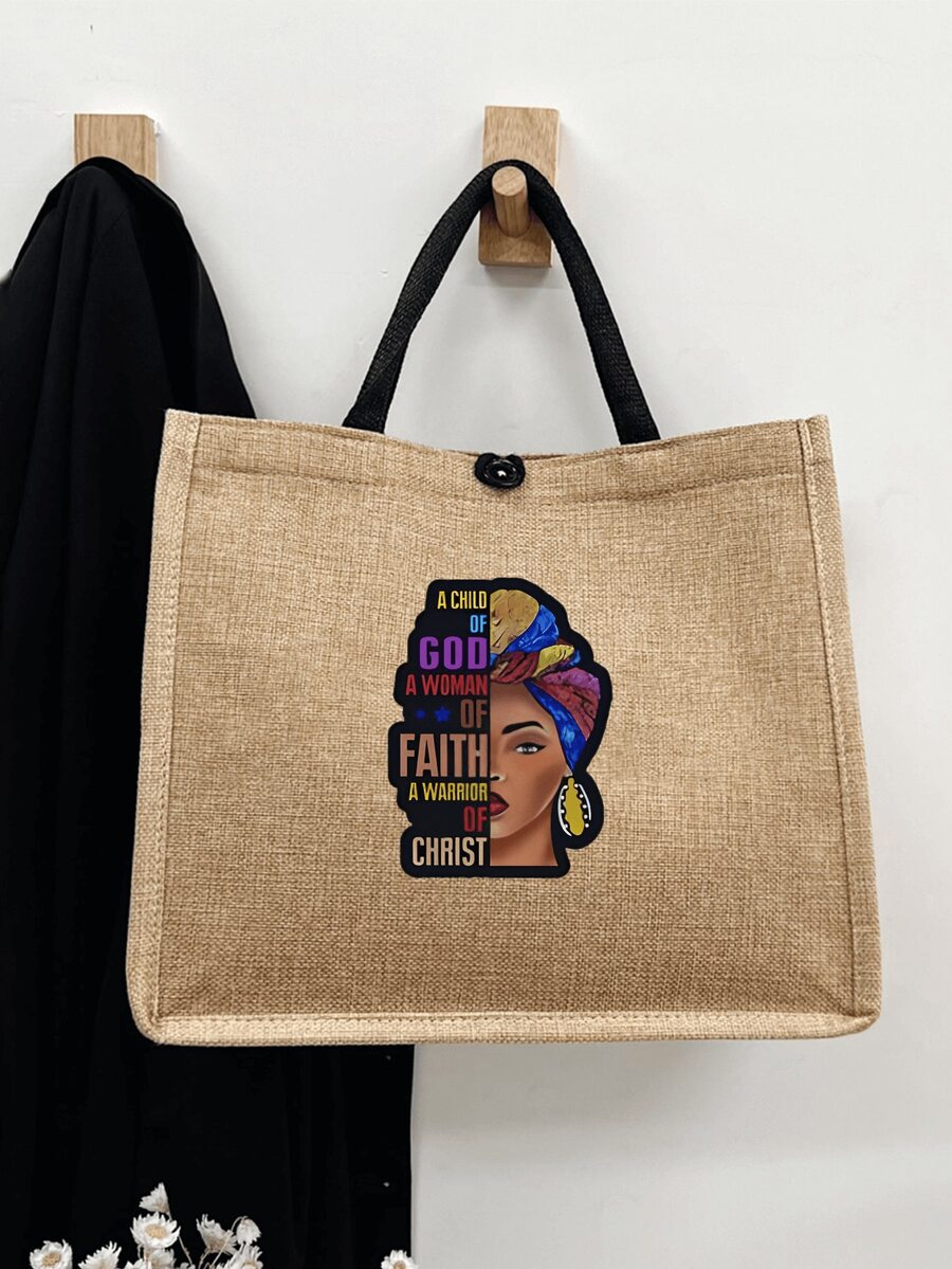 新款卡其色时尚女王字母印花休闲单肩包，适合学校、办公室、校园、图书馆、购物、旅行、户外、休闲手提包 - 卡其色 - 查看 1