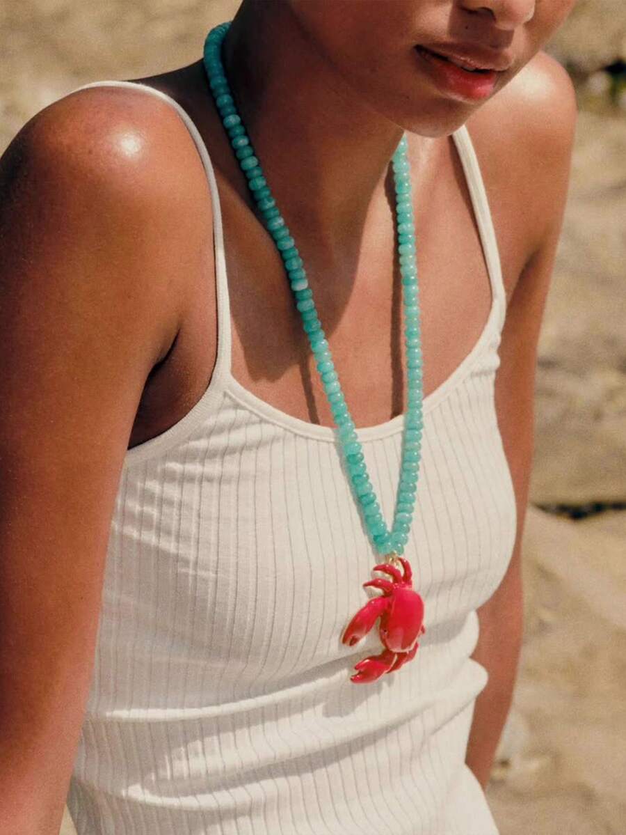 1 件波西米亚风格绿松石串珠长项链，配可爱红蟹吊坠，适合夏日派对和海滩度假 - 彩色 - 查看 1