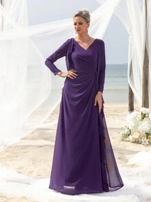 Mother Of The Bride Dresses Elegant Long Sleeve Dress - Purple - View 5